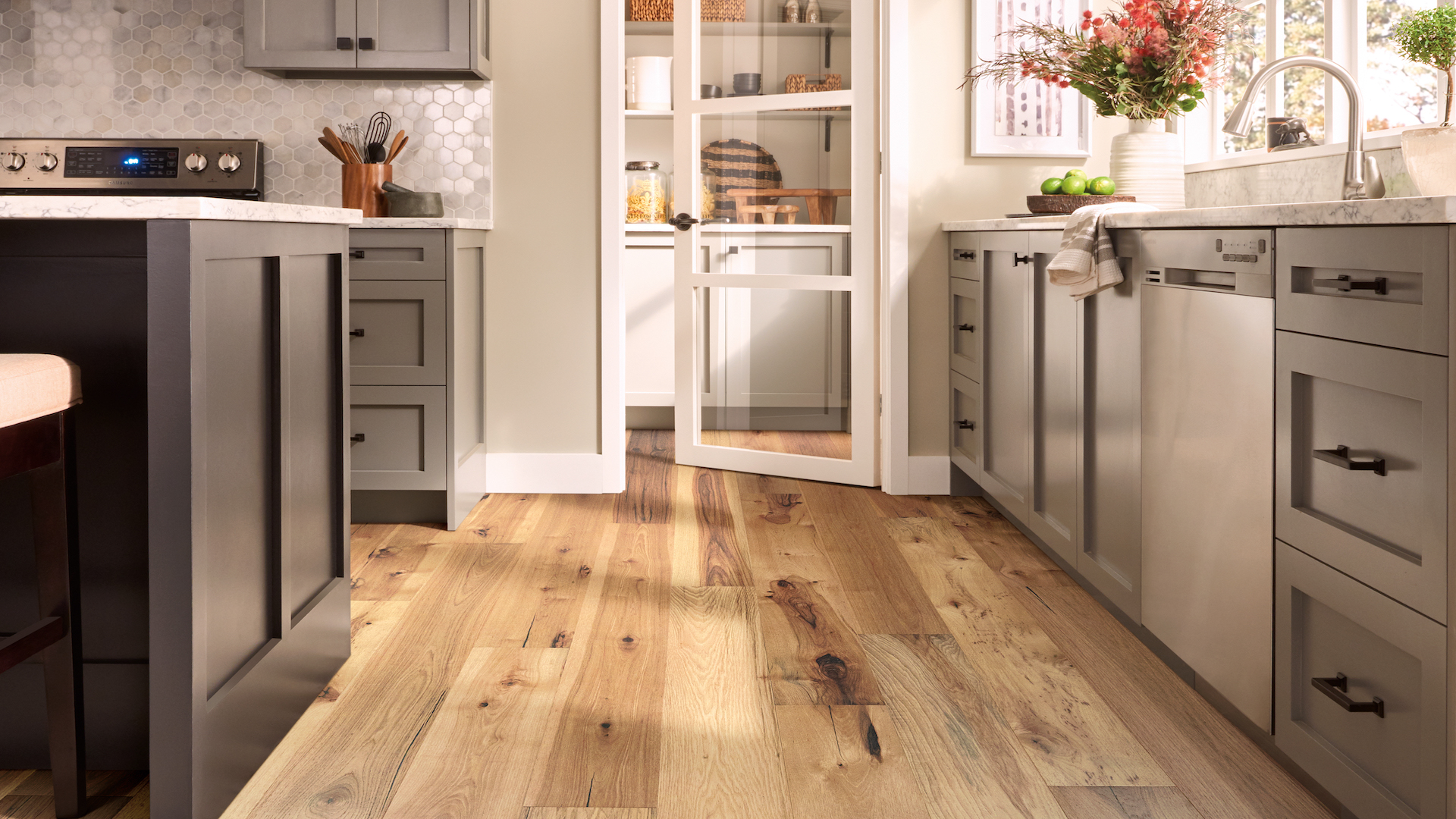 rustic knotted hardwood flooring in a stylish kitchen