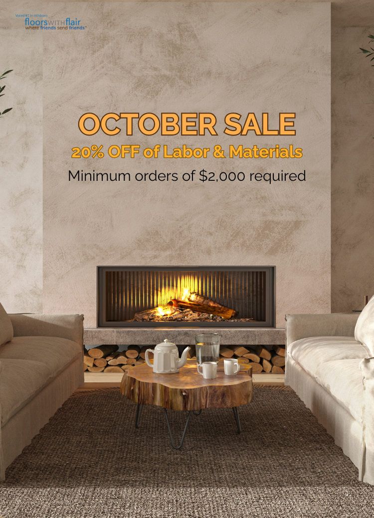 Living room image with fireplace with October Sale details of 20% off labor and materials on orders of $2,000+