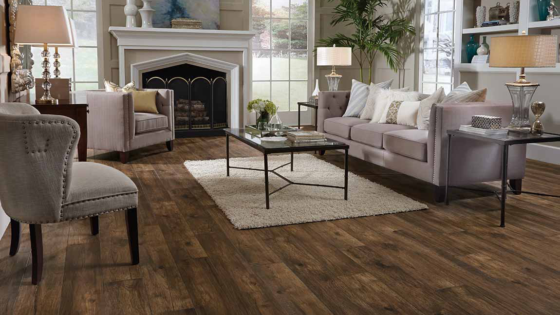 Laminate flooring in a living room.